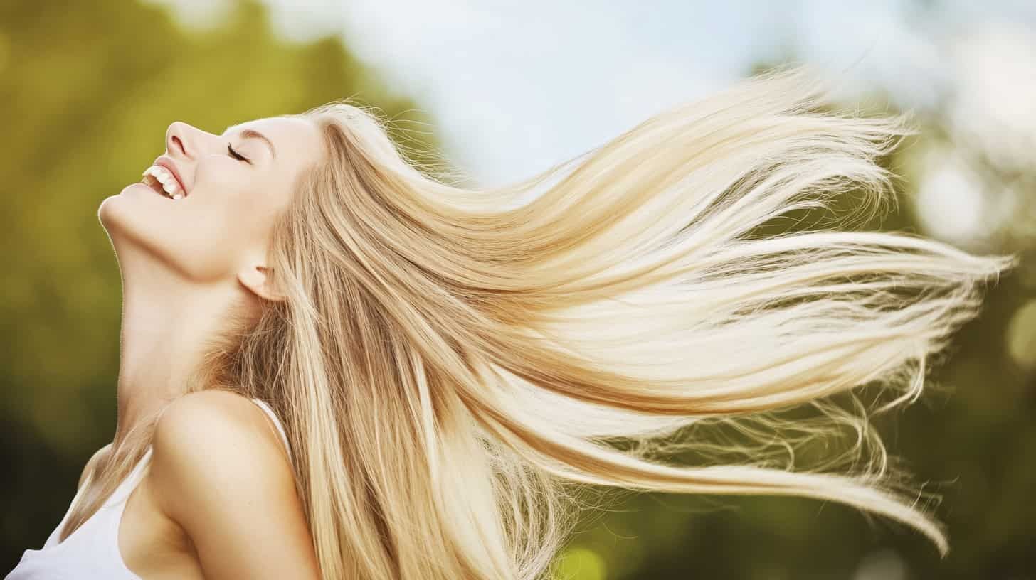 Woman with hair blowing back, highlighting the effects of shampoo for hair extensions care.