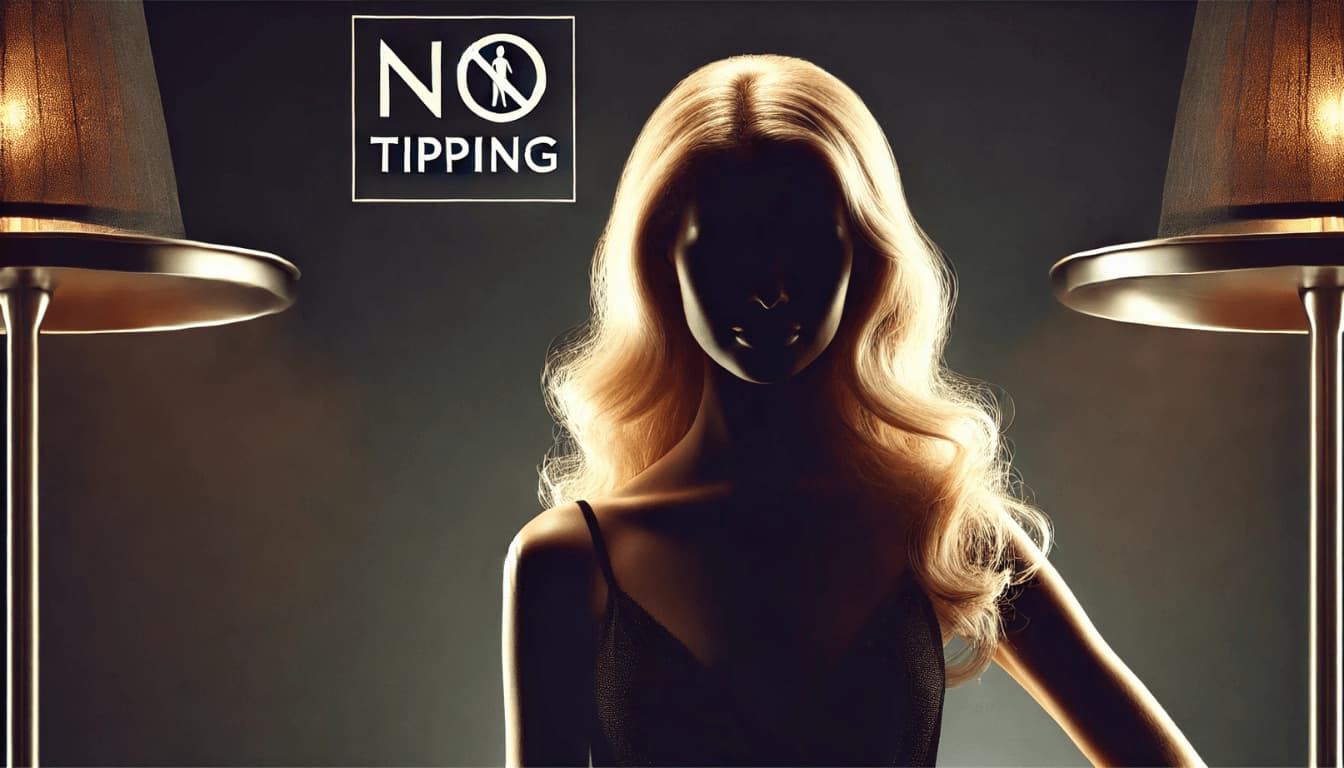 Silhouette of a woman with blonde hair against a dark background, with large bold text that says "NO TIPPING." The blonde hair is subtly highlighted, while the figure is less prominent, focusing attention on the message.