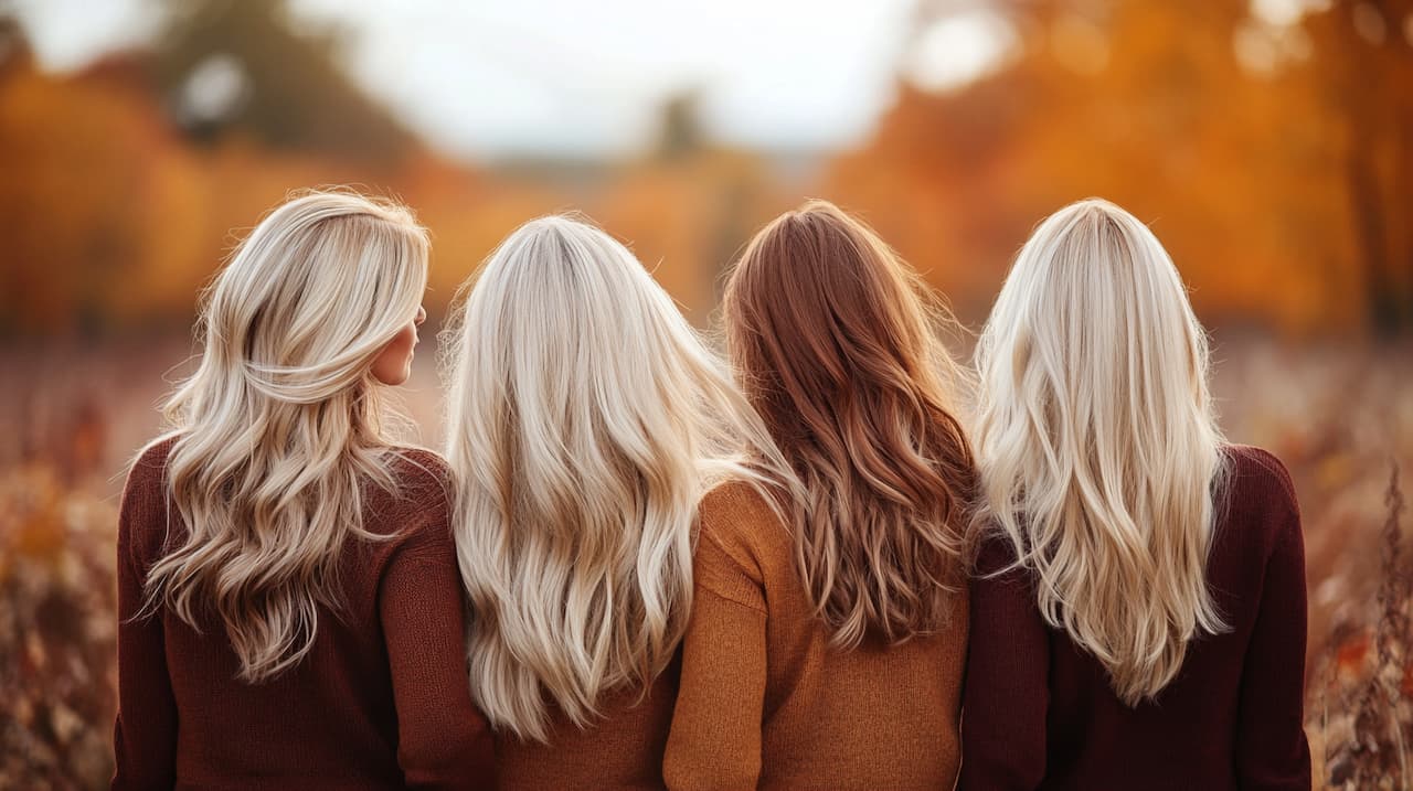 Four women friends with different hair colours—bronde, honey blonde, platinum blonde, and mushroom blonde—enjoying a fall setting with vibrant autumn leaves in the background.