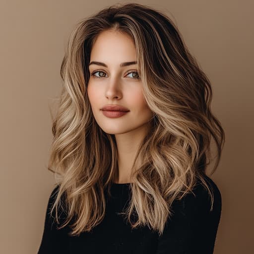 Woman with blonde and brown, shoulder-length hair looking at the camera, showcasing a beautifully blended balayage color technique by Marlena, Toronto’s blonde hair specialist.