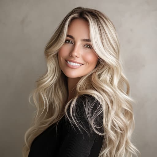 Woman with blonde highlights and shoulder-length hair, showcasing a beautifully blended color technique by Marlena, Toronto’s blonde hair specialist.