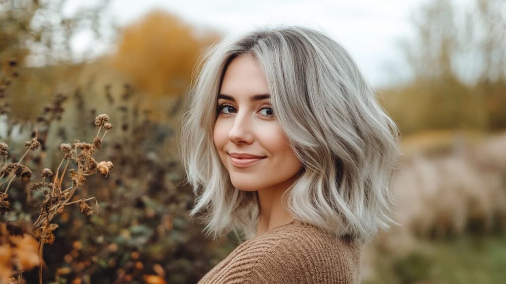 Woman in her mid-30s with shoulder-length mushroom blonde hair, enjoying a fall setting with autumn colours in the background.