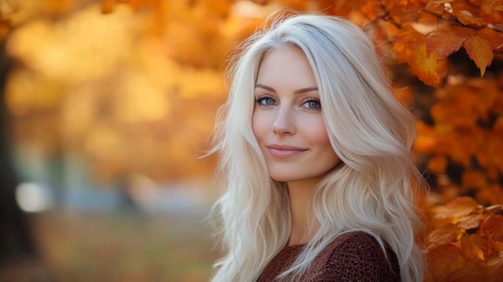 Woman in her mid-30s with platinum blonde hair styled in loose waves, set against a vibrant fall backdrop with colourful autumn leaves.