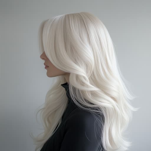 Side profile of a woman with platinum blonde, long hair, showcasing Toronto’s expert blonde hair colorist.