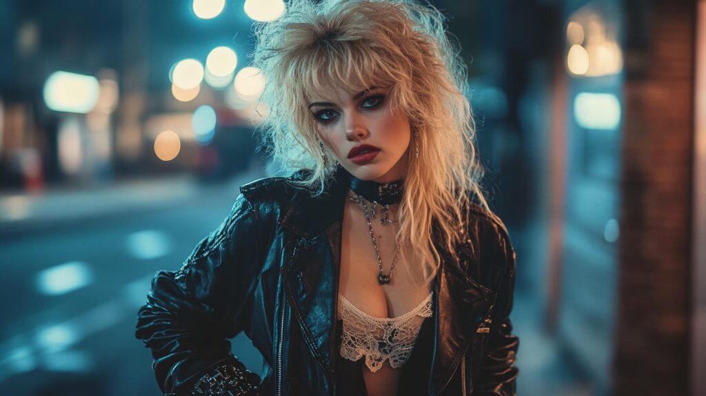 Retro 80s pop star costume with crimped blonde hair, leather jacket, lace gloves, and chunky accessories, styled for a bold blonde rocking a modern city scene at night.