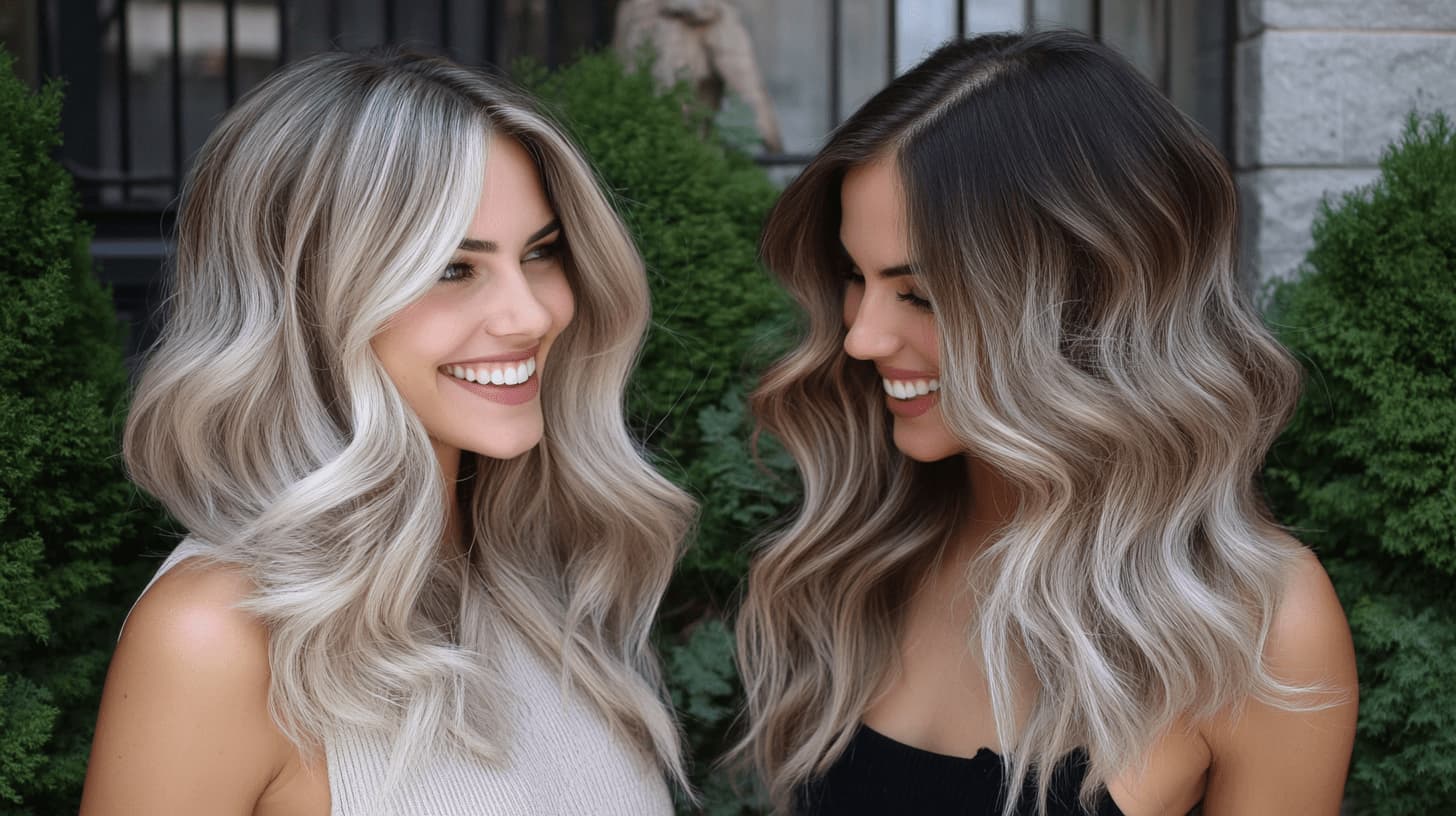 Two women smiling and talking, showing off their beautiful balayage and bronde hairstyles with natural, sun-kissed highlights and rich, dimensional tones.