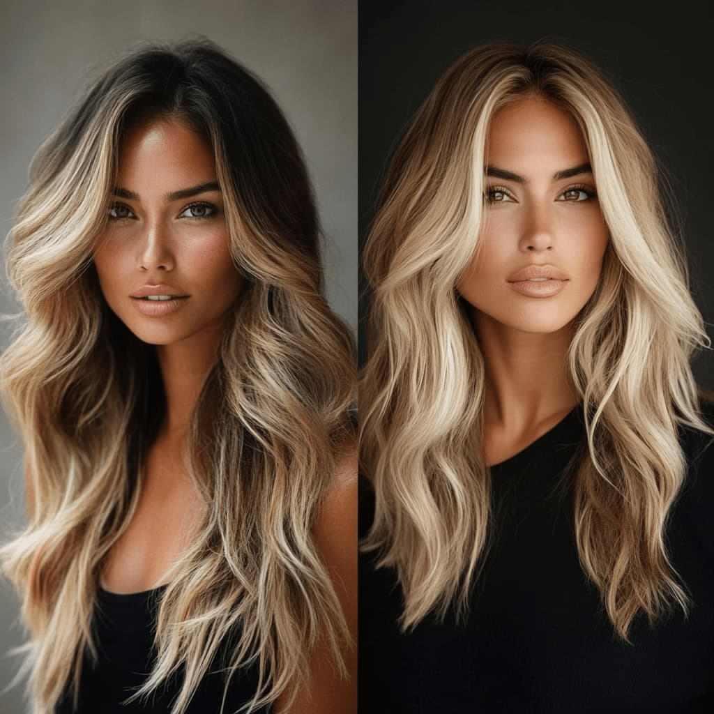 What is balayage hair? This image shows two women with wavy, voluminous balayage hairstyles. The hair features soft, natural transitions from darker roots to lighter, sun-kissed ends, illustrating how balayage creates a blended, low-maintenance look that mimics the natural effects of sunlight on hair.