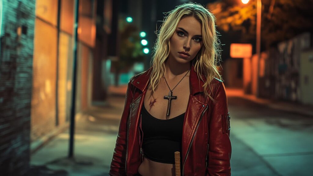 Classic Buffy the Vampire Slayer costume with a black leather jacket, tank top, cross necklace, and wooden stake, bringing fierce energy to a blonde walking down a city street at night.