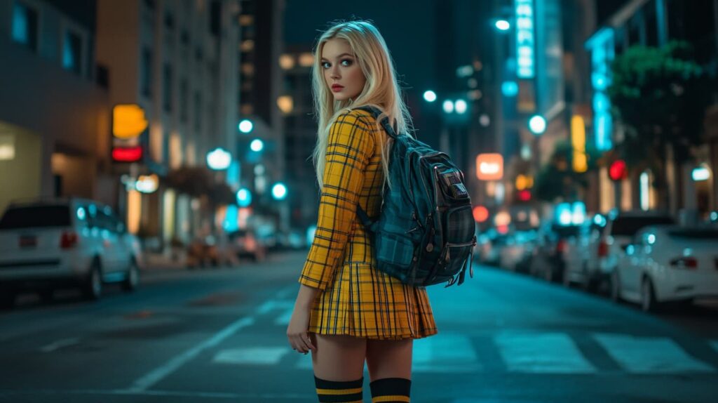 Iconic Cher Horowitz costume from Clueless, featuring a yellow plaid skirt suit, knee-high socks, and a mini backpack, styled perfectly for a blonde walking confidently down a city street at night.