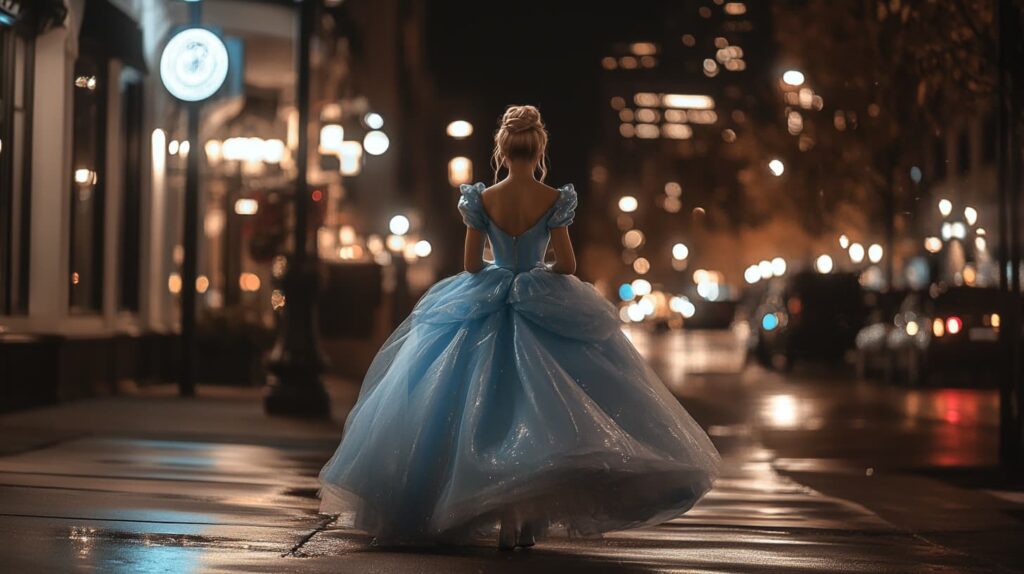 Elegant Cinderella Halloween costume with a powder blue ballgown, blonde updo, and glass-like slippers, creating fairy-tale magic on a city street at night, perfect for blondes.