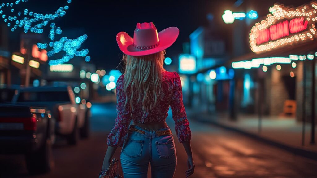 Playful Cowgirl Barbie costume featuring a pink cowboy hat and western flair, bringing fun, bold energy to a modern city street at night, an ideal look for blondes