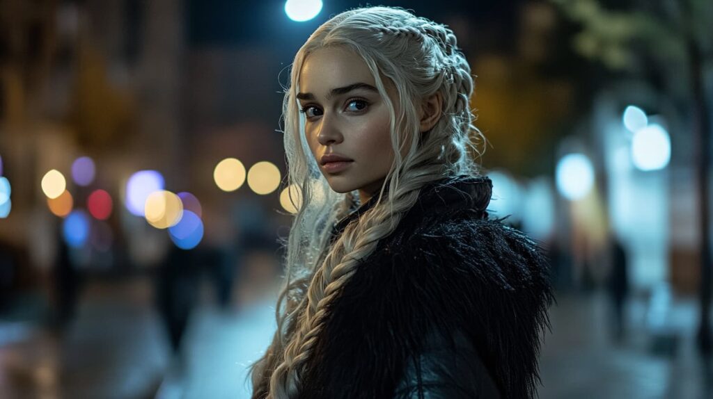 Regal Daenerys Targaryen costume with silver-blonde waves or intricate braids, capturing the powerful Targaryen vibe as she walks down a modern city street at night, ideal for blondes.