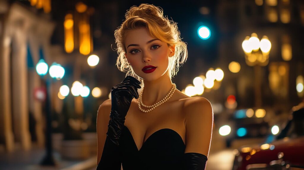 Chic Holly Golightly costume with a little black dress, pearls, elbow-length gloves, and a polished blonde updo, channeling timeless elegance on a city street at night, perfectly suited for blondes.