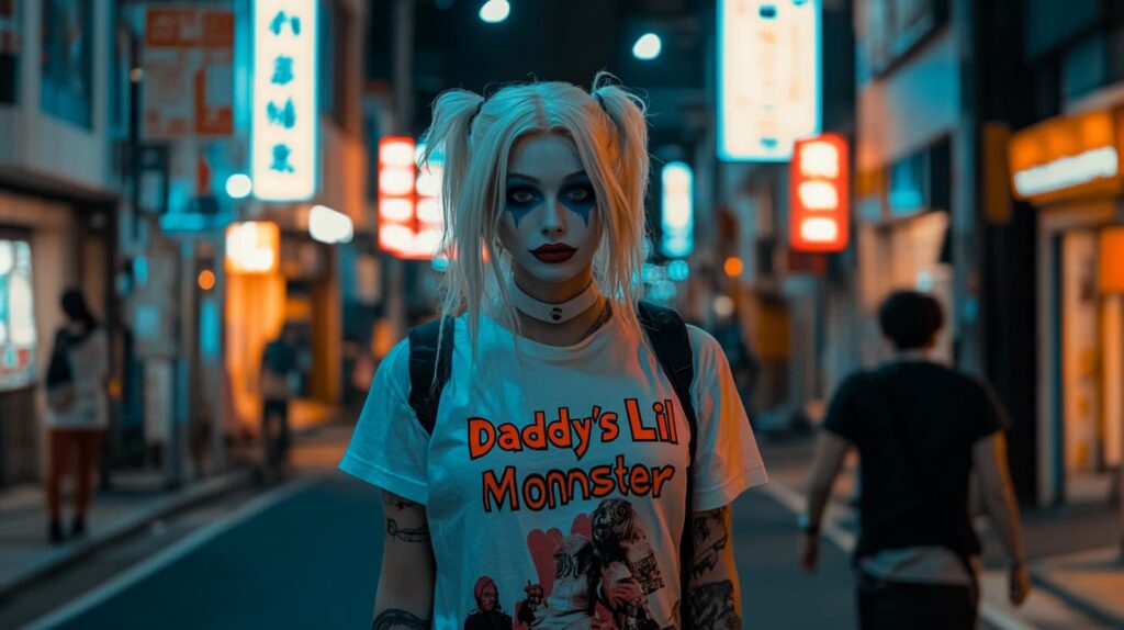 Bold Harley Quinn Halloween costume with a red and blue wig, "Daddy’s Lil Monster" t-shirt, and mismatched eye makeup, ideal for a blonde embracing edgy comic-book style on a night out.