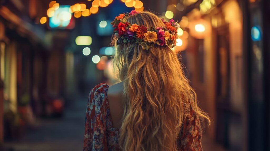 Enchanting Rapunzel costume featuring long flowing hair and a flower crown, capturing fairy-tale charm in a modern city setting, styled especially for blondes.