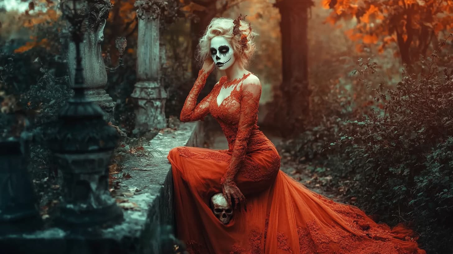 Woman with traditional Day of the Dead face paint, dressed in a long red lace top, sitting in a cemetery-like fall setting and holding a skull. This haunting and dramatic look is perfect for a blonde celebrating Día de los Muertos (Day of the Dead) on Halloween.