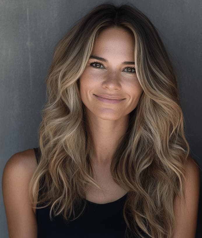 A woman smiling with wavy, luxurious bronde hair extensions, showcasing a rich blend of blonde and brown tones for a dimensional, voluminous look.