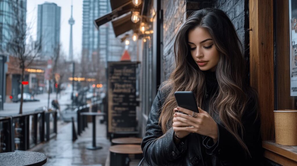 A woman with luxurious bronde hair standing on a Toronto street, looking at her phone. Her bronde hairstyle showcases a rich blend of blonde and brown tones, creating a natural, dimensional look.