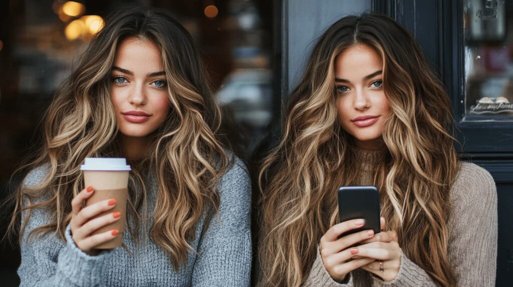 Twin women with balayage hair extensions, one holding a coffee and the other holding a phone, showcasing their natural, sun-kissed balayage highlights.