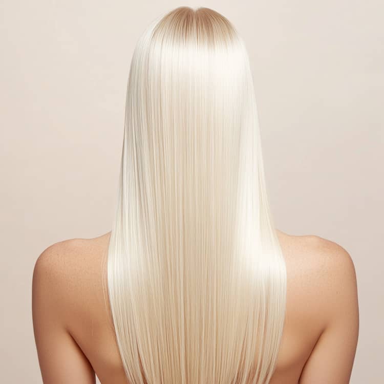 Frizz-free smoothing Hair Botox treatment on a blonde woman showing the back of her head with smooth, shiny, and rejuvenated hair, emphasizing the treatment's transformative results.