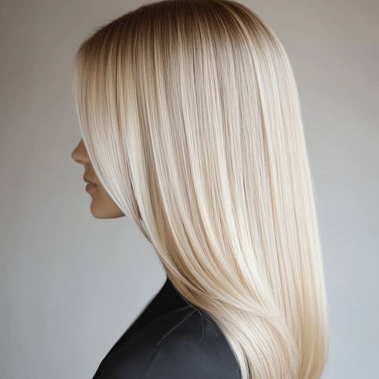 "Side view of a blonde woman after a Hair Botox treatment, showcasing enhanced volume and thickness with smooth, shiny hair.