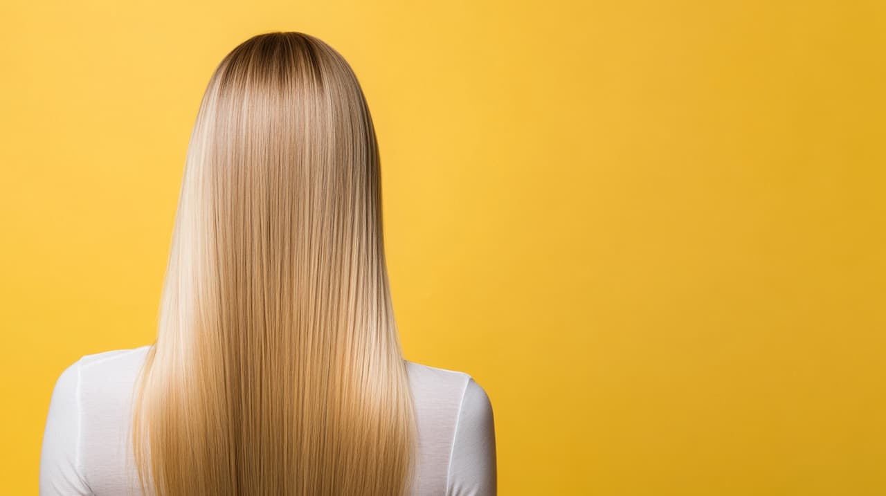 The back of a blonde woman's hair flowing down smoothly after a Hair Botox treatment, showcasing shiny and rejuvenated locks against a yellow background.