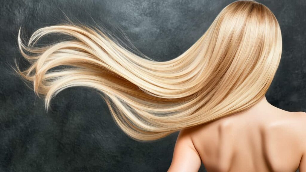 A woman with long, smooth blonde hair, radiantly shiny and waving to the side, showcasing the transformative hair botox benefits for soft, healthy locks.