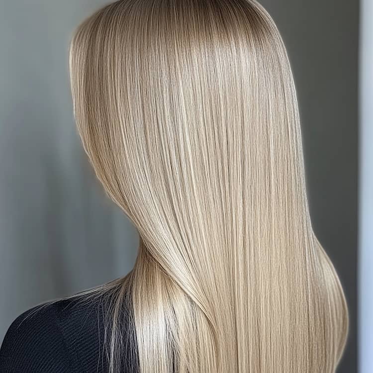 Side view of a blonde woman after a Hair Botox treatment, highlighting the nourishing repair benefits with smooth, shiny, and rejuvenated hair.