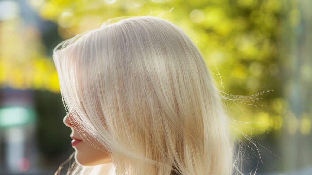 A side view of a woman with sleek, shiny blonde hair, smooth and frizz-free after a hair botox treatment, perfect for managing frizz-prone hair.