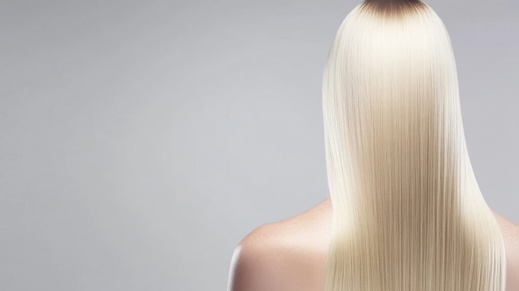 A woman showing off her shiny, blonde, long hair flowing down her back after a Hair Botox treatment, highlighting the smooth and rejuvenated results.